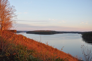 Lake near the Dam with an island shown in the middle.  An observation overlook is also shown.