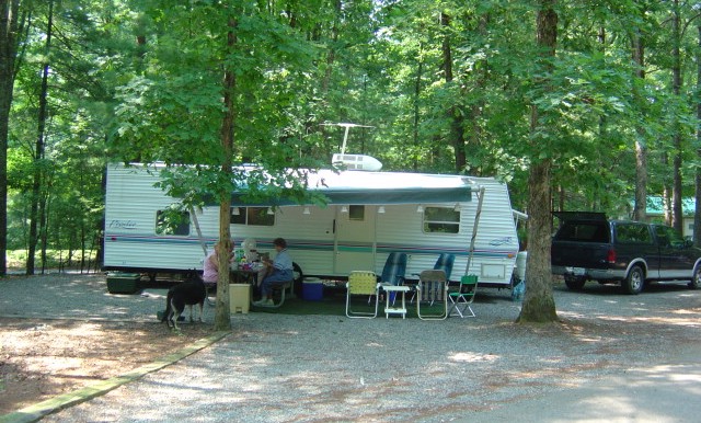 A RV is parked at Philpott Lake.