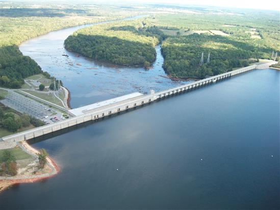 Top view of John H. Kerr Dam with both the Roanoke River and lake shown.